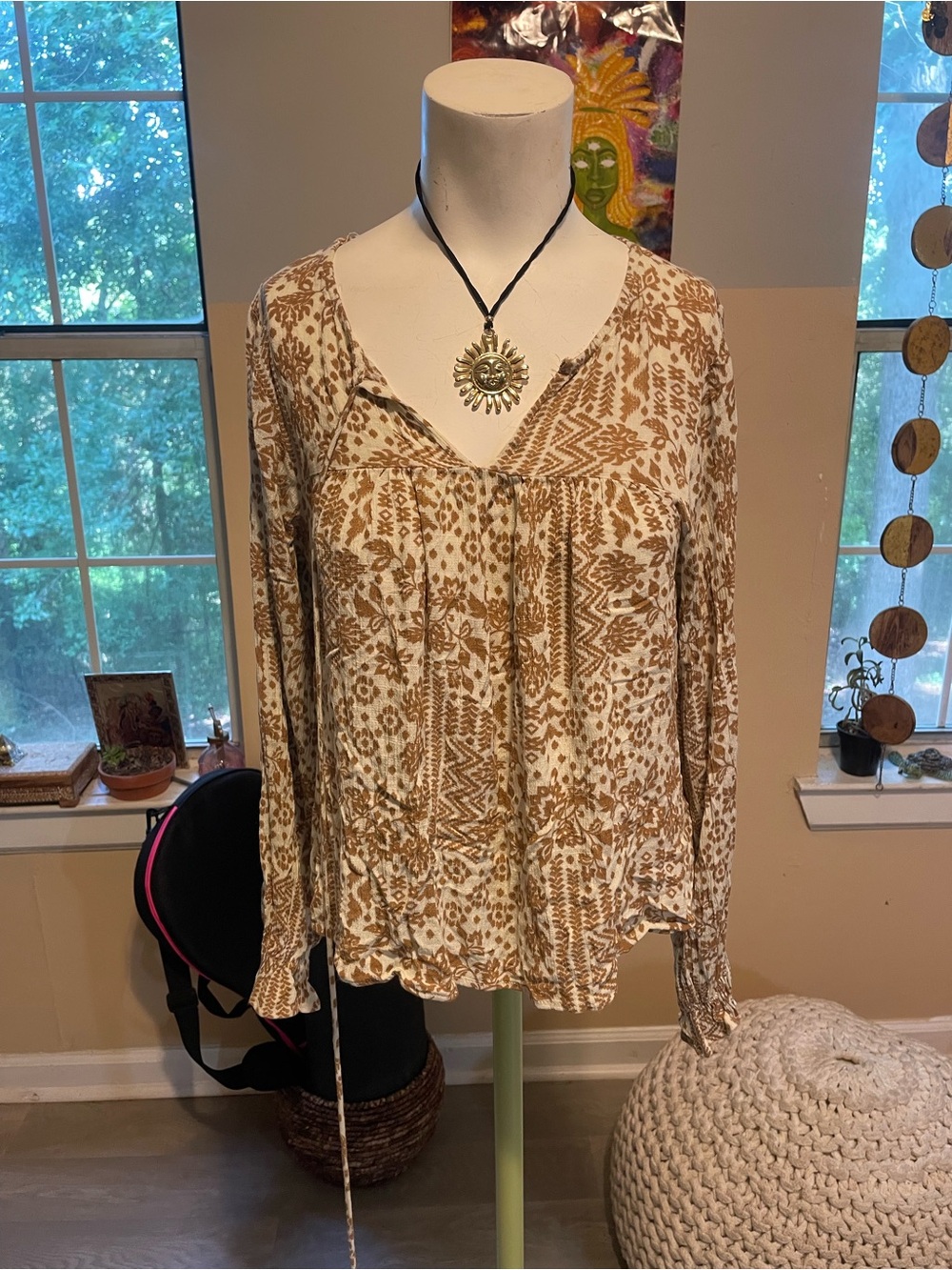 Pink Lily Boho Peasant Blouse in Cream & Brown